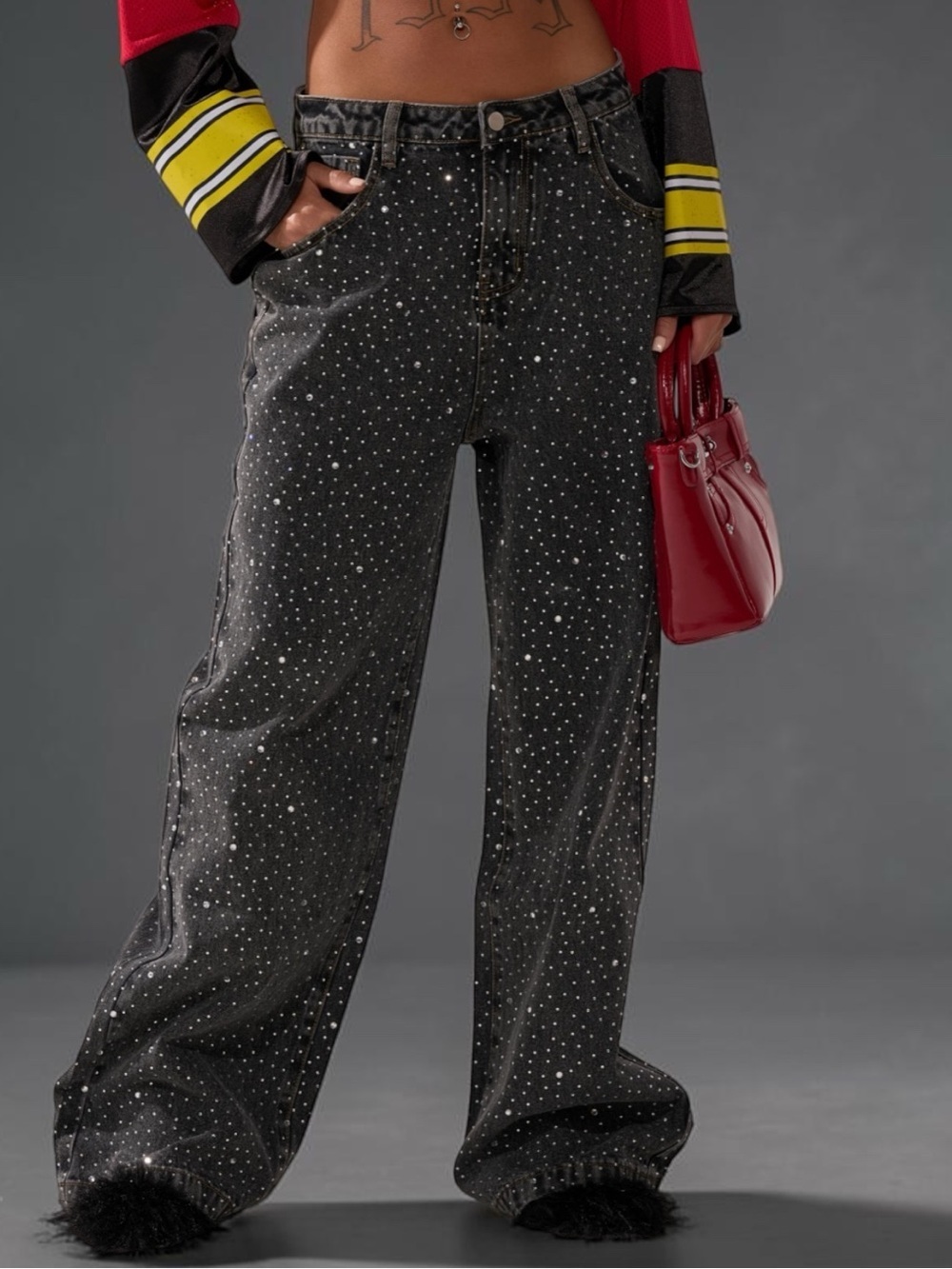 🔥🔥AKIRA Black Wide-Leg Jeans with All-Over Silver Rhinestones